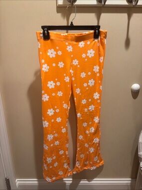 Orange Floral Pajama Pants - White Daisy Print